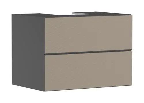 Waschtischunterschrank in Schiefergrau mit zwei Schubkästen. Ideal für Konsolen, passend zu Aufsatzwaschtischen. Marke: Hansgrohe.